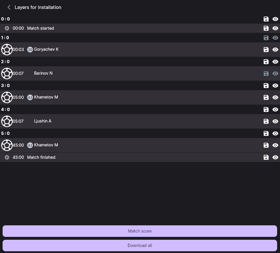 Stream layers built from match events: score, goals with names, covers