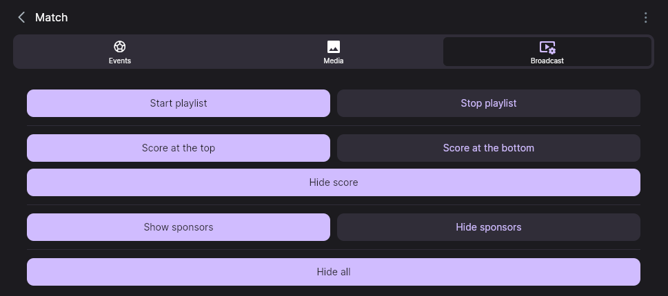 Stream remote control in the match card: score top or bottom, sponsors, intro playlist