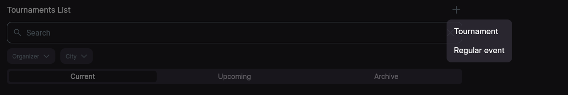 The tournaments list with the create menu open: Tournament and Regular event