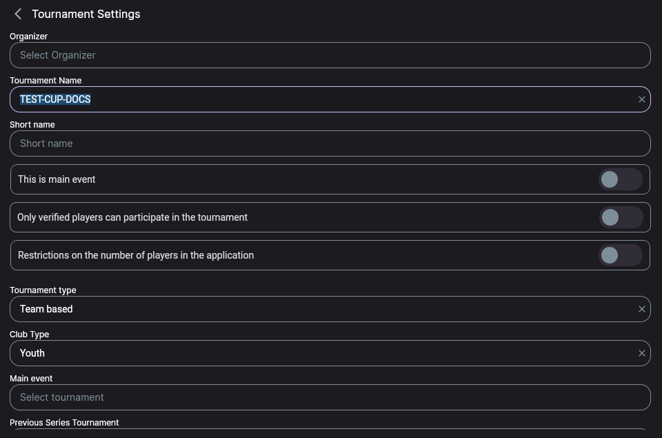 The top of the Tournament Settings screen: organizer, name, tournament type and club type