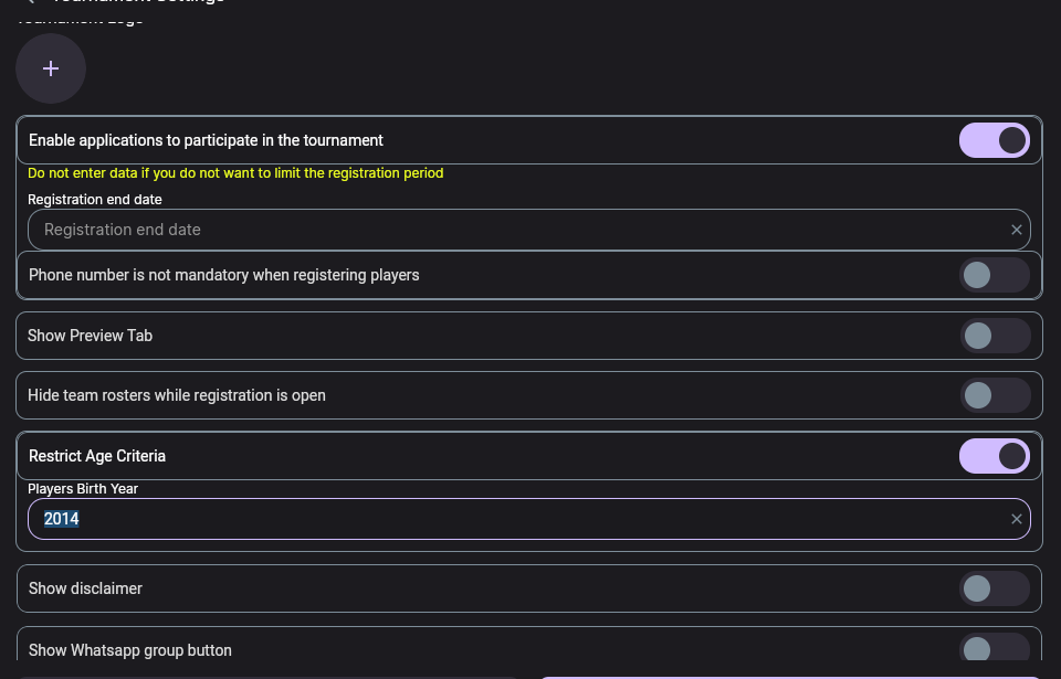 The settings block with applications, roster hiding and Restrict Age Criteria with the Players Birth Year field