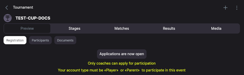The Registration tab showing the status Applications are now open