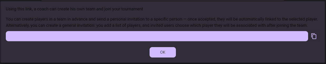 The Invite coach dialog with the invitation link and a copy button