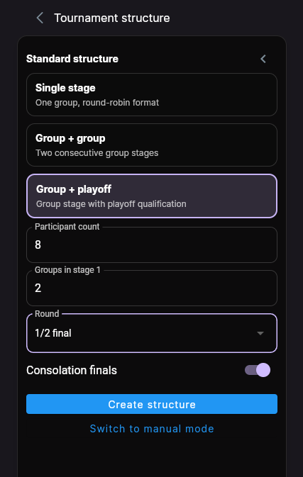 The Standard structure panel filled in with 8 participants, 2 groups, 1/2 final and the consolation switch on